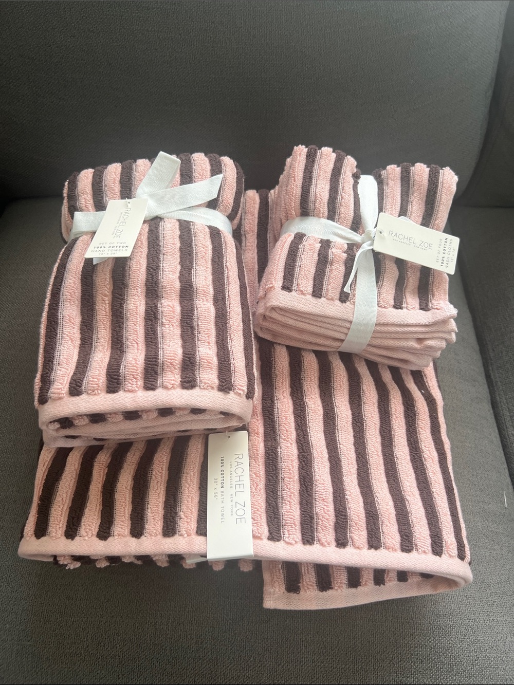 8 pc Rachel Zoe Rainbow Bath towel Set Stripe Cotton Hand Towels pink